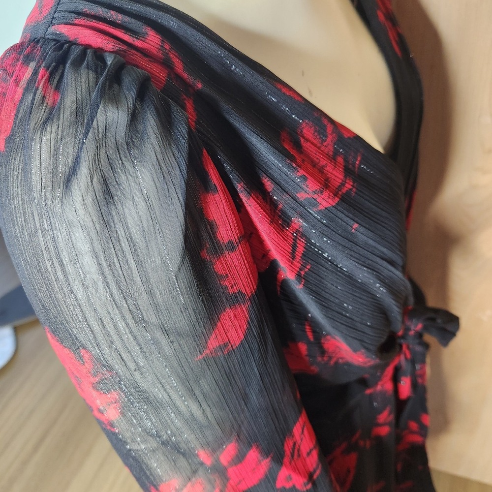DKNY Black Red Floral Chiffon Wrap Dress V Neck Puff Sleeve Sz 6 Dark Romantic - Picture 9 of 11